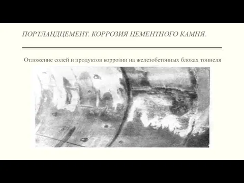 ПОРТЛАНДЦЕМЕНТ. КОРРОЗИЯ ЦЕМЕНТНОГО КАМНЯ. Отложение солей и продуктов коррозии на железобетонных блоках тоннеля