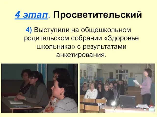 4 этап. Просветительский 4) Выступили на общешкольном родительском собрании «Здоровье школьника» с результатами анкетирования.