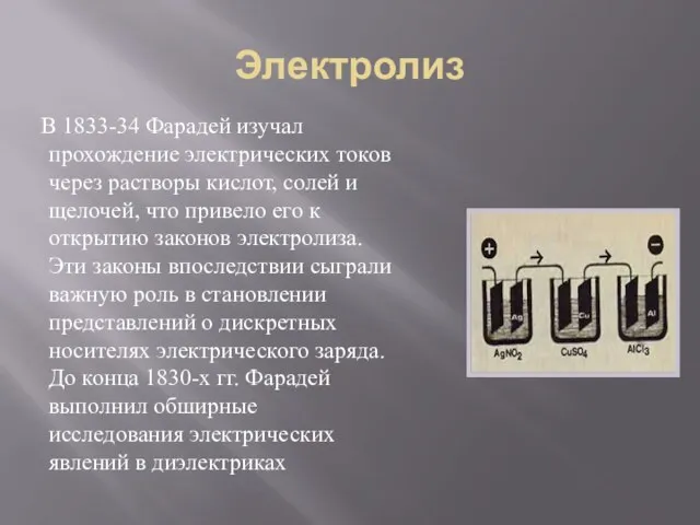 Электролиз В 1833-34 Фарадей изучал прохождение электрических токов через растворы