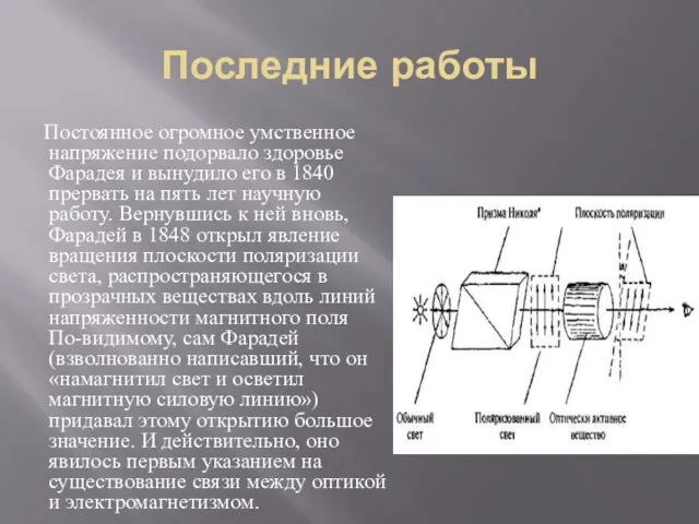 Последние работы Постоянное огромное умственное напряжение подорвало здоровье Фарадея и