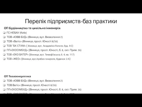 Перелік підприємств-баз практики ОП Будівництво та цивільна інженерія ГС НЕБАУ