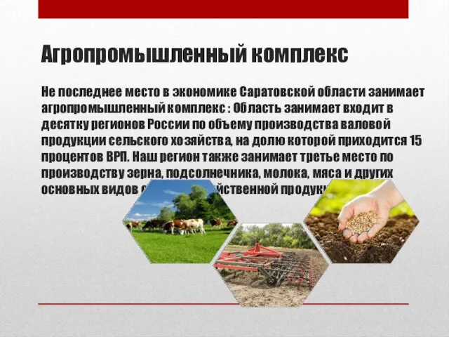 Агропромышленный комплекс Не последнее место в экономике Саратовской области занимает
