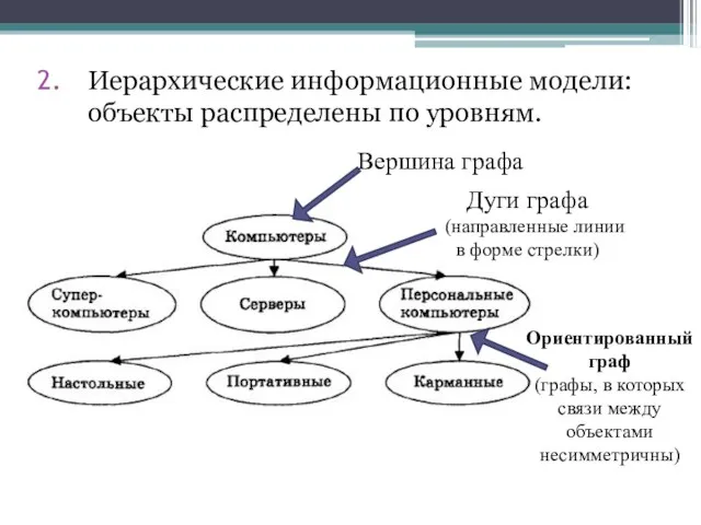 Иерархические информационные модели: объекты распределены по уровням. Вершина графа Дуги