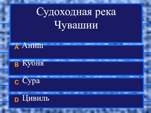 Судоходная река Чувашии A Аниш B Кубня C Сура D Цивиль