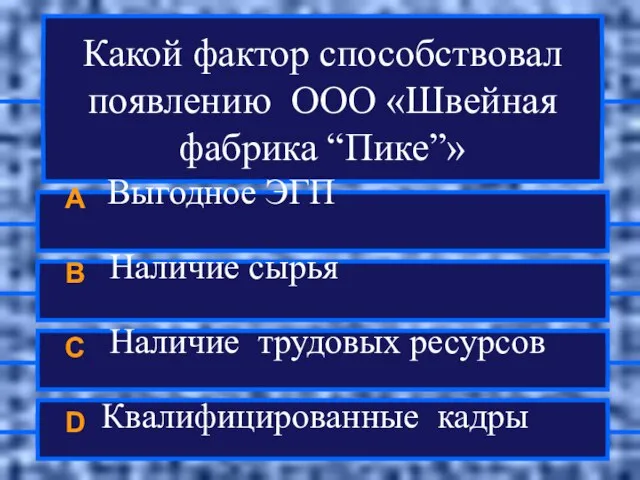 Какой фактор способствовал появлению ООО «Швейная фабрика “Пике”» A Выгодное