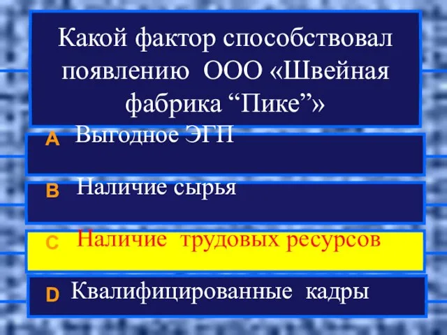 Какой фактор способствовал появлению ООО «Швейная фабрика “Пике”» A Выгодное