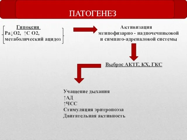 ПАТОГЕНЕЗ Гипоксия Активизация Ра↓О2, ↑С О2, мгипофизарно - надпочечниковой метаболический