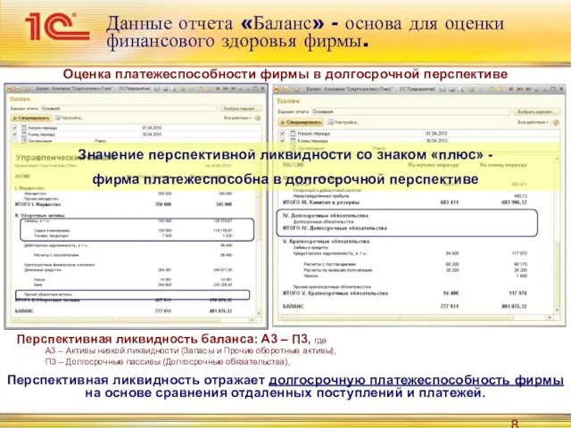 Данные отчета «Баланс» - основа для оценки финансового здоровья фирмы.