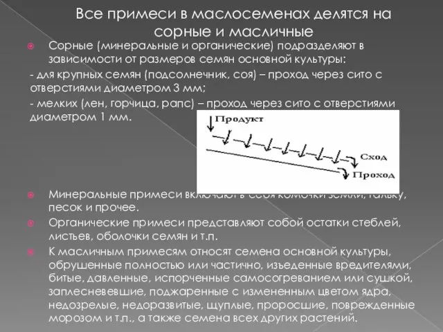 Все примеси в маслосеменах делятся на сорные и масличные Сорные (минеральные и органические)