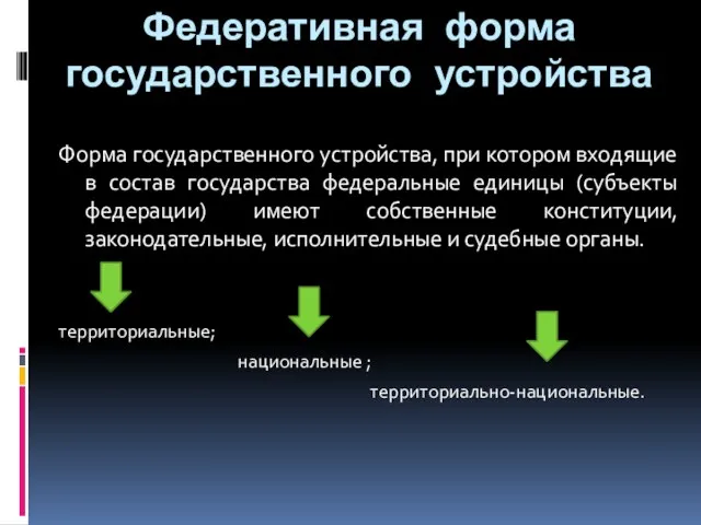 Федеративная форма государственного устройства Форма государственного устройства, при котором входящие