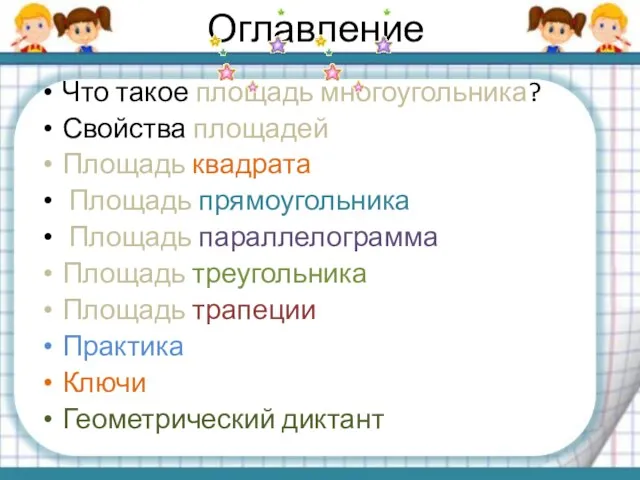 Оглавление Что такое площадь многоугольника? Свойства площадей Площадь квадрата Площадь