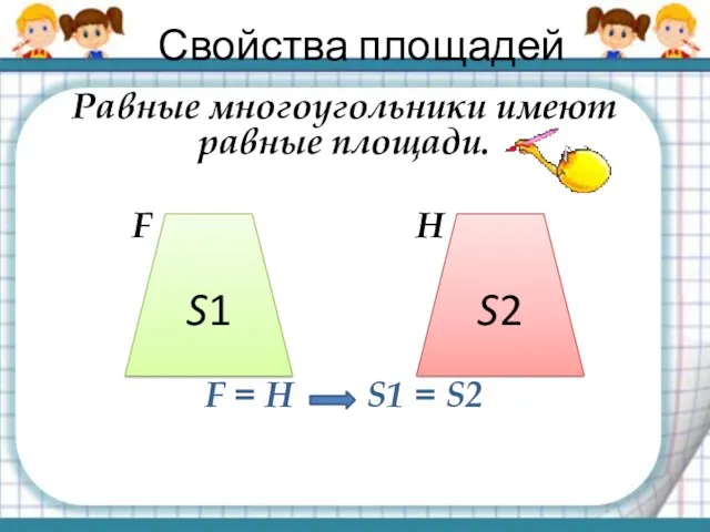 Свойства площадей Равные многоугольники имеют равные площади. F H F