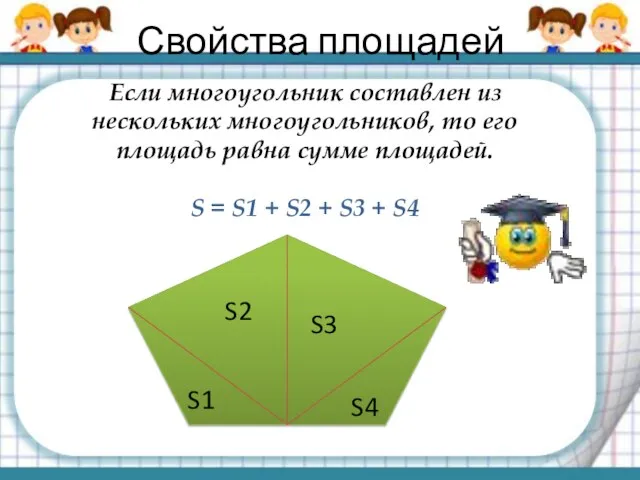 Свойства площадей Если многоугольник составлен из нескольких многоугольников, то его