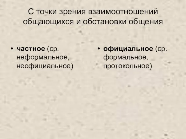 С точки зрения взаимоотношений общающихся и обстановки общения частное (ср. неформальное, неофициальное) официальное (ср. формальное, протокольное)