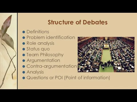 Structure of Debates Definitions Problem identification Role analysis Status quo Team Philosophy Argumentation