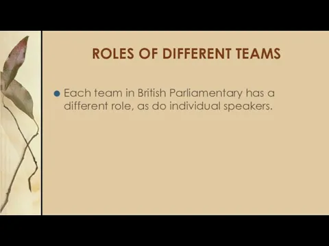 ROLES OF DIFFERENT TEAMS Each team in British Parliamentary has a different role,