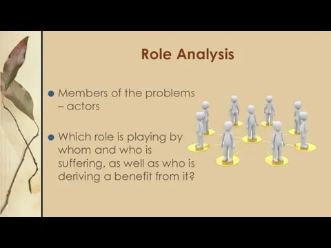 Role Analysis Members of the problems – actors Which role is playing by