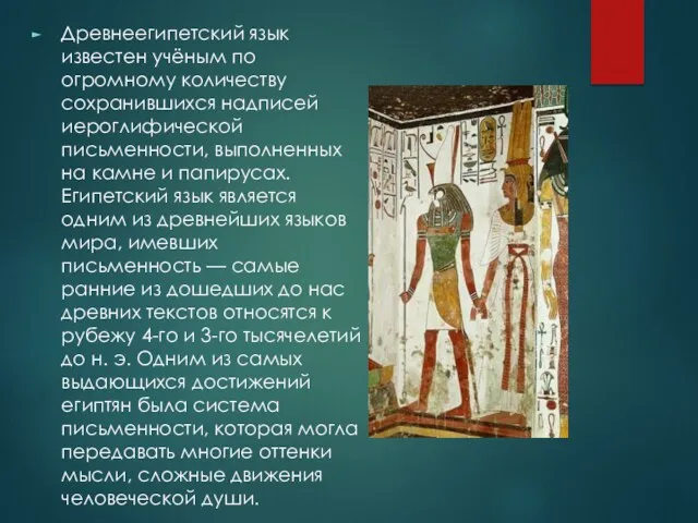 Древнеегипетский язык известен учёным по огромному количеству сохранившихся надписей иероглифической
