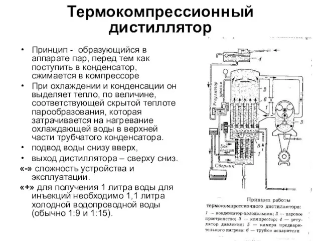 Термокомпрессионный дистиллятор Принцип - образующийся в аппарате пар, перед тем как поступить в