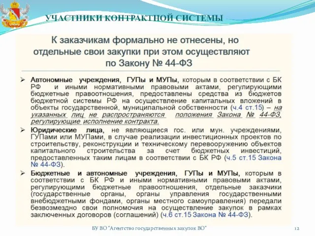 УЧАСТНИКИ КОНТРАКТНОЙ СИСТЕМЫ БУ ВО "Агентство государственных закупок ВО"