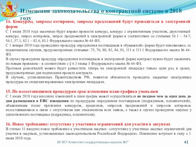 БУ ВО "Агентство государственных закупок ВО" Изменения законодательства о контрактной