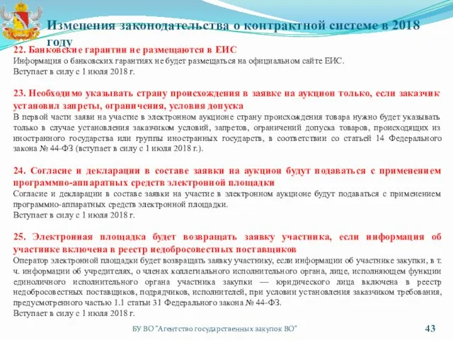 БУ ВО "Агентство государственных закупок ВО" Изменения законодательства о контрактной