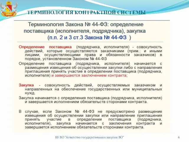 ТЕРМИНОЛОГИЯ КОНТРАКТНОЙ СИСТЕМЫ БУ ВО "Агентство государственных закупок ВО"