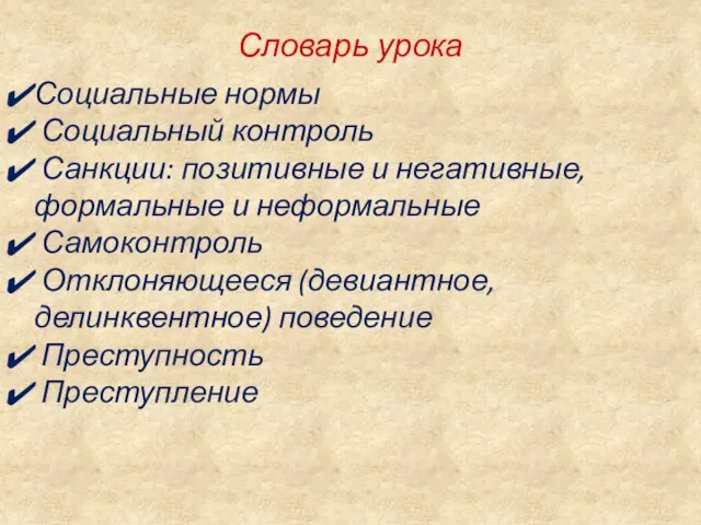 Словарь урока Социальные нормы Социальный контроль Санкции: позитивные и негативные,