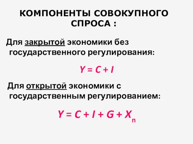 КОМПОНЕНТЫ СОВОКУПНОГО СПРОСА : Для закрытой экономики без государственного регулирования: Y = C