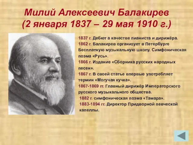 Милий Алексеевич Балакирев (2 января 1837 – 29 мая 1910 г.) 1837 г.