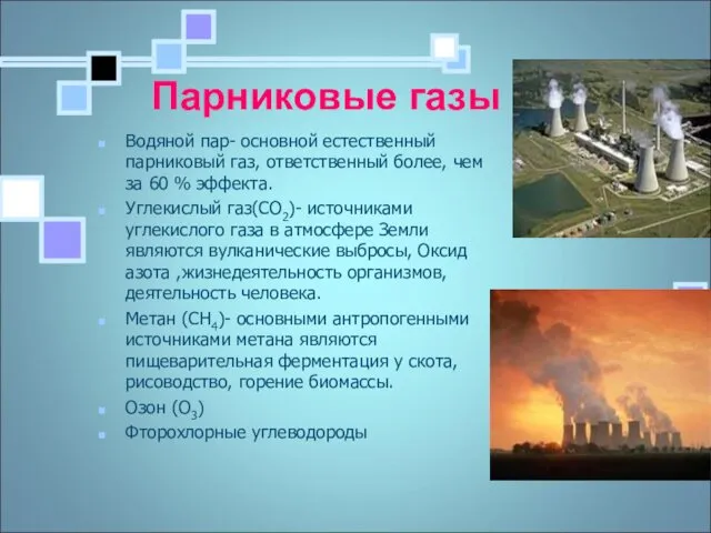 Парниковые газы Водяной пар- основной естественный парниковый газ, ответственный более,