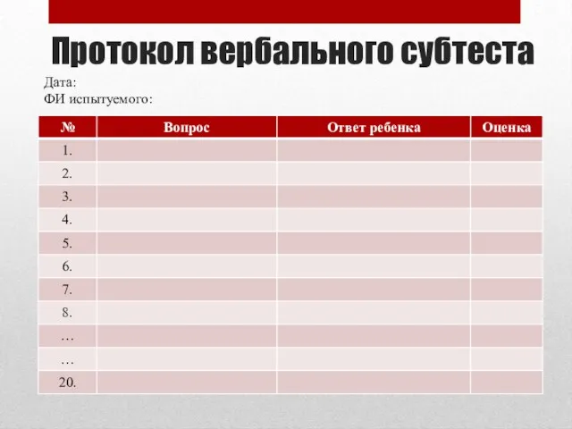 Протокол вербального субтеста Дата: ФИ испытуемого: