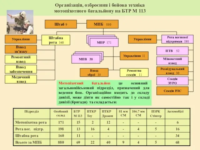 Організація, озброєння і бойова техніка мотопіхотного батальйону на БТР М