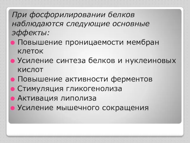 При фосфорилировании белков наблюдаются следующие основные эффекты: Повышение проницаемости мембран