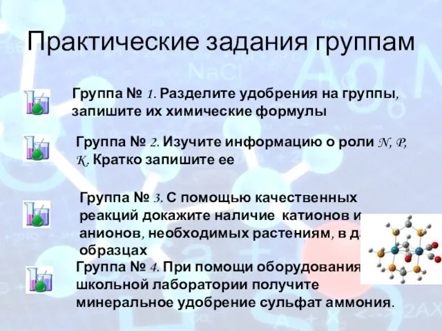 Практические задания группам Группа № 1. Разделите удобрения на группы,