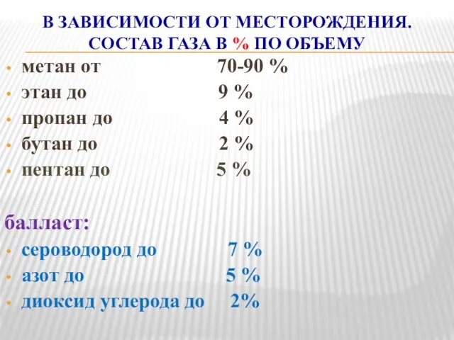 В ЗАВИСИМОСТИ ОТ МЕСТОРОЖДЕНИЯ. СОСТАВ ГАЗА В % ПО ОБЪЕМУ