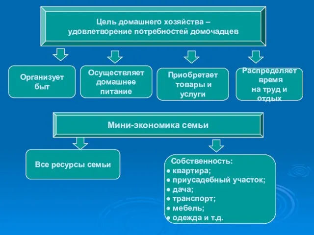 Цель домашнего хозяйства – удовлетворение потребностей домочадцев Организует быт Осуществляет