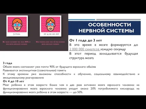 ОСОБЕННОСТИ НЕРВНОЙ СИСТЕМЫ 3 года Объём мозга составляет уже почти