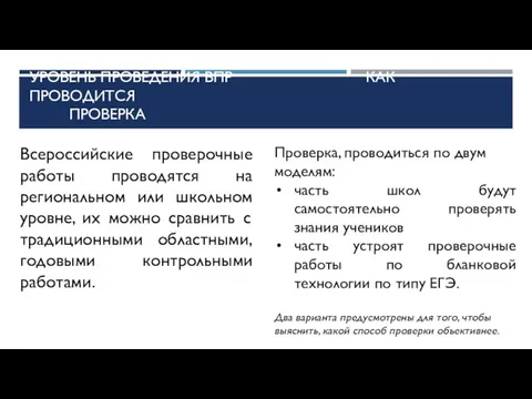 УРОВЕНЬ ПРОВЕДЕНИЯ ВПР КАК ПРОВОДИТСЯ ПРОВЕРКА Всероссийские проверочные работы проводятся