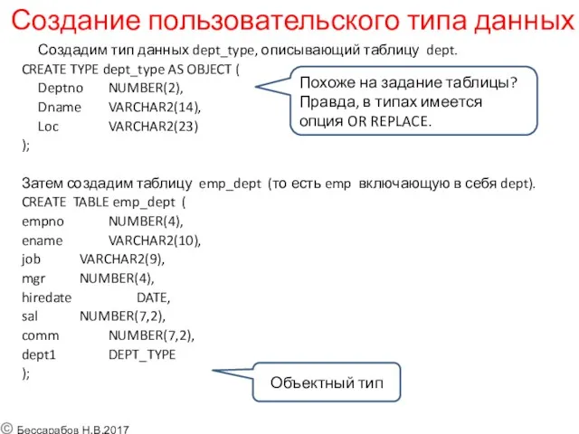 Создание пользовательского типа данных Создадим тип данных dept_type, описывающий таблицу dept. CREATE TYPE