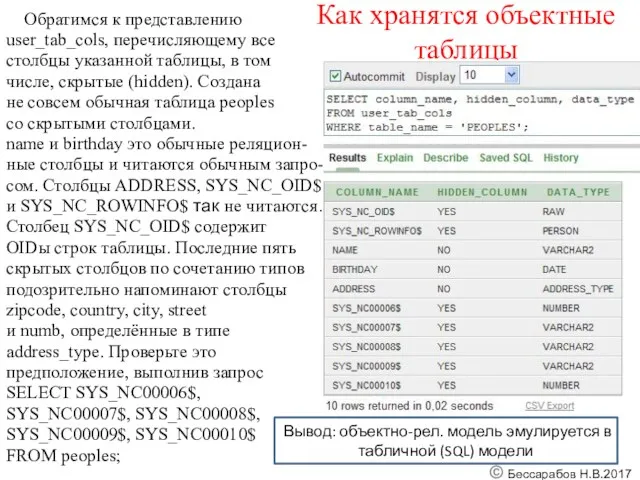 Как хранятся объектные таблицы Обратимся к представлению user_tab_cols, перечисляющему все столбцы указанной таблицы,