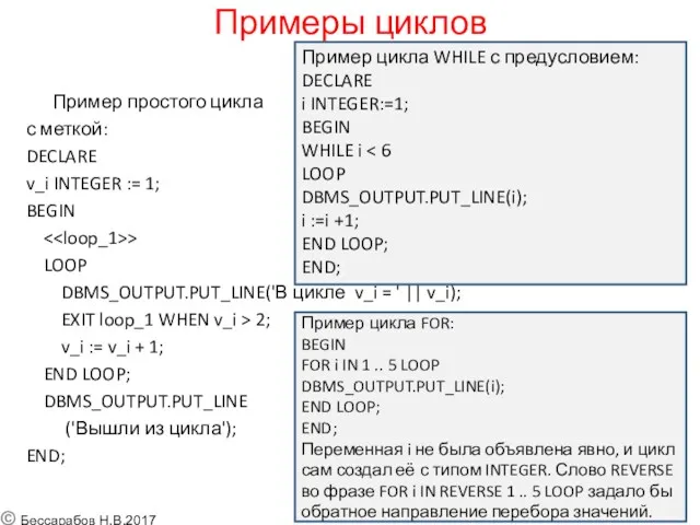 Примеры циклов Пример простого цикла с меткой: DECLARE v_i INTEGER := 1; BEGIN