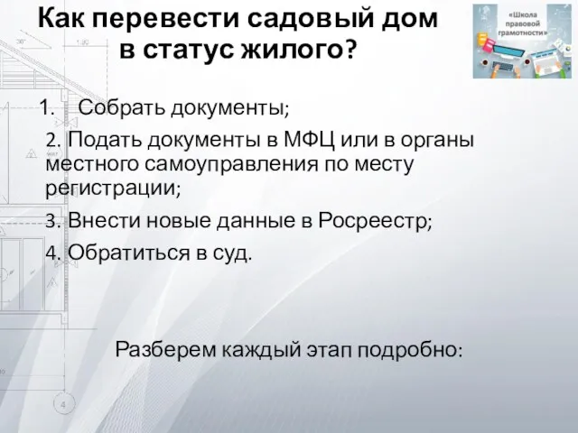 Как перевести садовый дом в статус жилого? Собрать документы; 2.