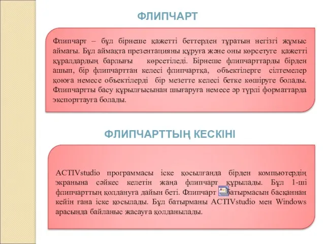 ФЛИПЧАРТ Флипчарт – бұл бірнеше қажетті беттерден тұратын негізгі жұмыс аймағы. Бұл аймақта