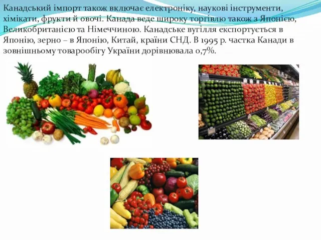 Канадський імпорт також включає електроніку, наукові інструменти, хімікати, фрукти й