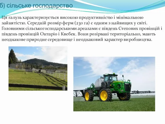 б) сільське господарство Ця галузь характеризується високою продуктивністю і мінімальною