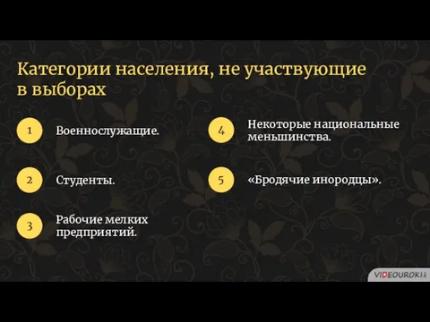 3 4 1 Категории населения, не участвующие в выборах 2 Рабочие мелких предприятий.