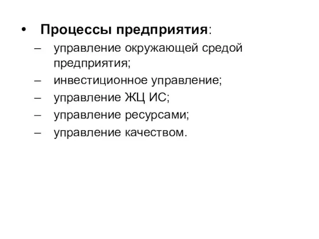 Процессы предприятия: управление окружающей средой предприятия; инвестиционное управление; управление ЖЦ ИС; управление ресурсами; управление качеством.