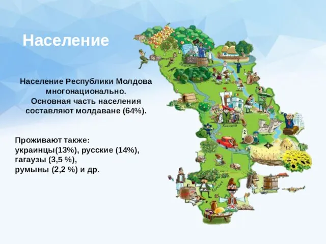 Население Республики Молдова многонационально. Основная часть населения составляют молдаване (64%).