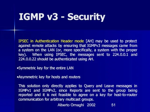 Alberto Ornaghi 2002 IGMP v3 - Security IPSEC in Authentication